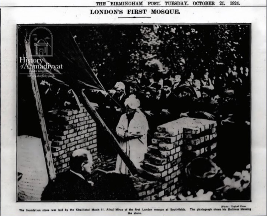 Press Coverage of the 1924 foundation stone ceremony of The Fazl Mosque. The Birmingham Post, 21 October 1924.