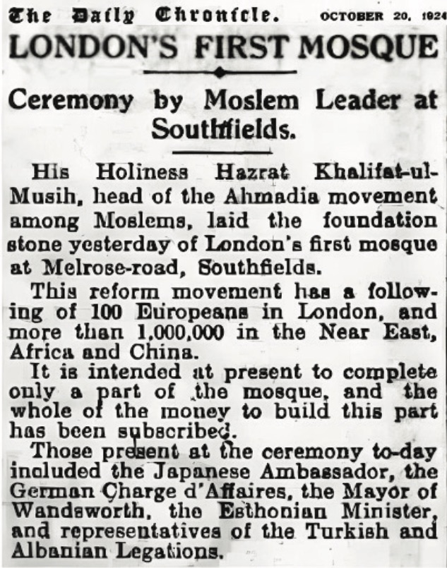 The Daily Chronicle 20 October 1924 report on the laying of the foundation stone by Hazrat Mirza Basheeruddeen Mahmood Ahmad, The Second Caliph of the Ahmadiyya Muslim Community.