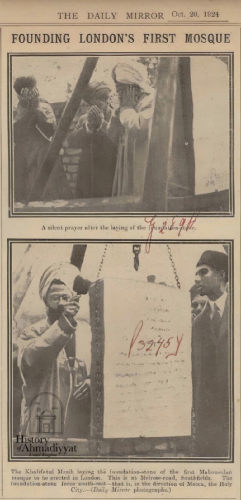 Coverage in The Daily Mirror on the Fazl Mosque foundation stone ceremony, published 20 October 1924.