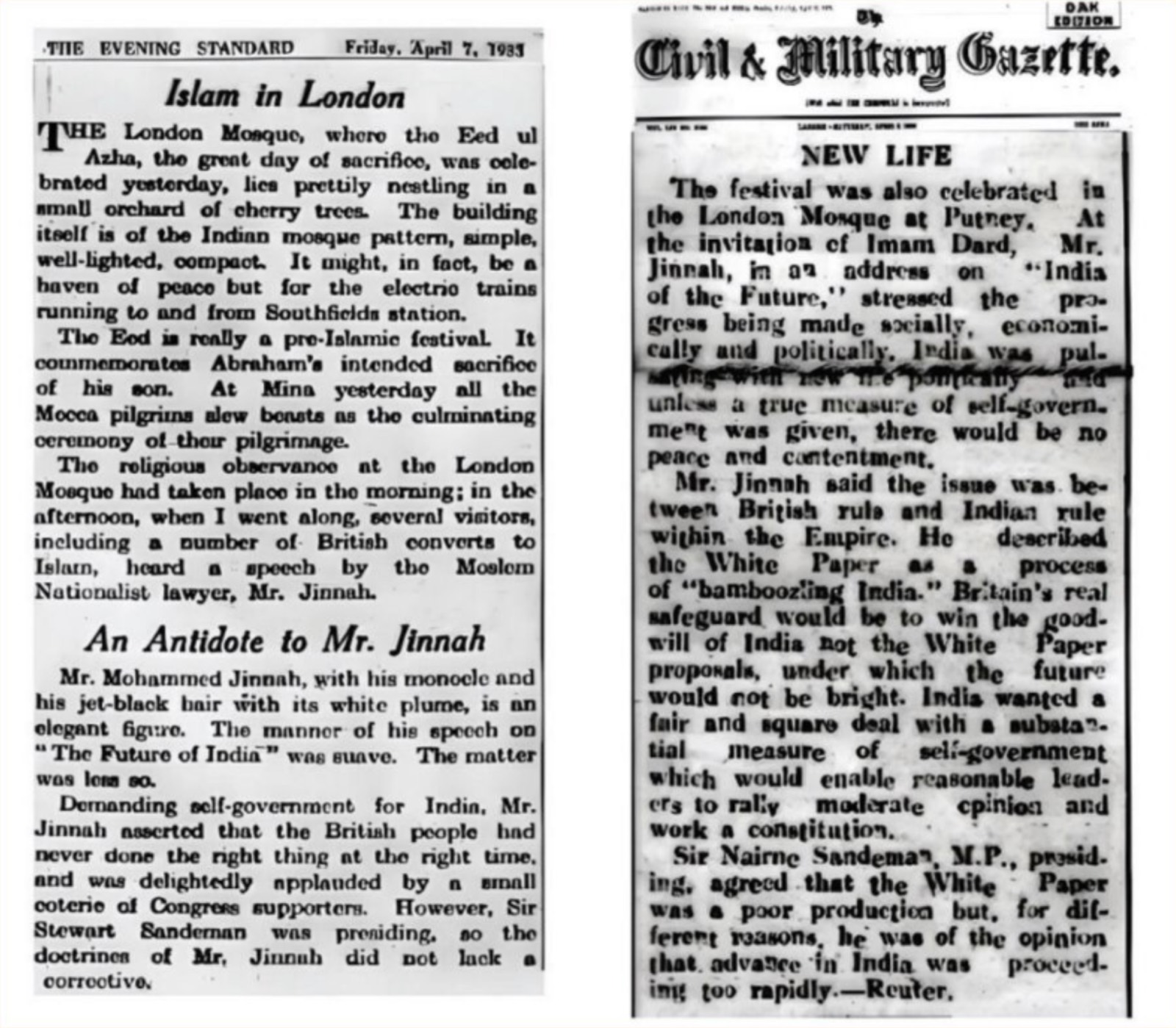 Newspaper reports of Muhammad Ali Jinnah speaking at The Fazl Mosque in April 1933. Invited by Imam Dard, Jinnah addressed the audience on &ldquo;India of the Future,&rdquo;
