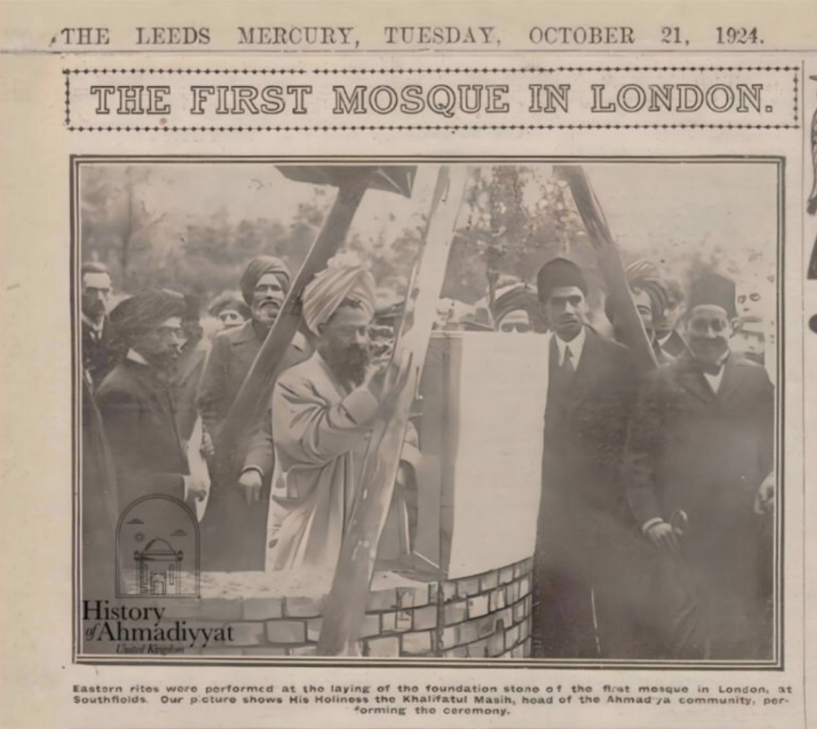 Report in The Leeds Mercury, 21 October 1924 on the foundation-stone ceremony for The Fazl Mosque.