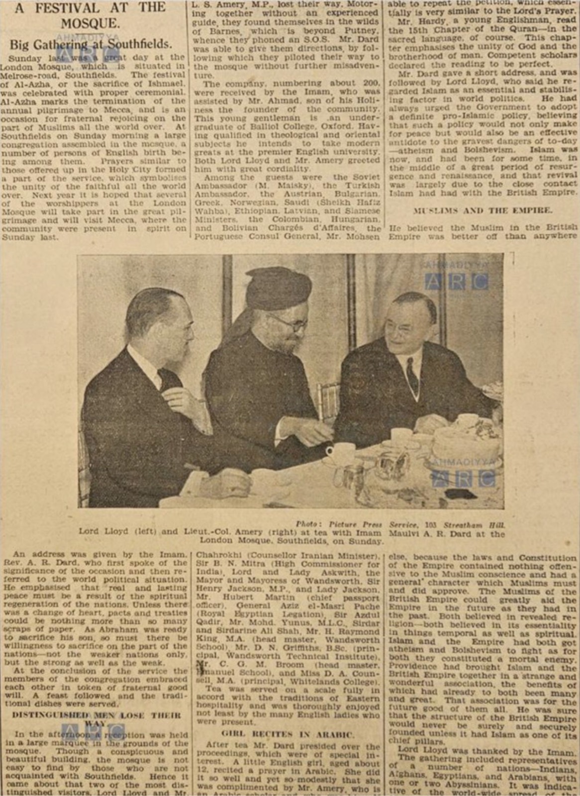 Lord Lloyd and LS Amery meets Hazrat Mirza Nasir Ahmad at Eid reception at The Fazl Mosque.